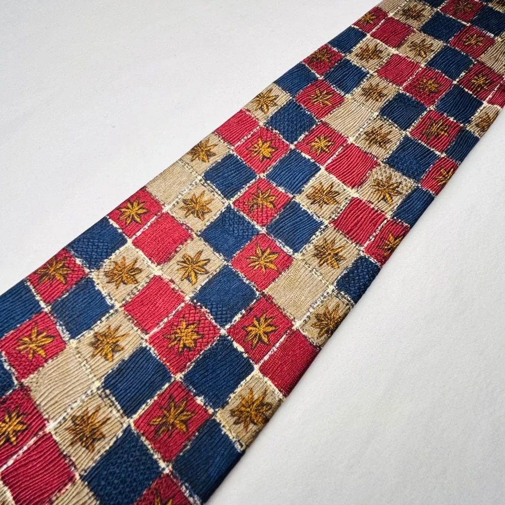 Ermenegildo Zegna Tie Men Red Blue Gold Star Patchwork Silk Exclusive Design